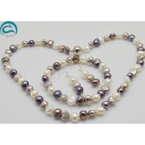 White Gray Black Color Baroque Shaper Natural Freshwater Pearl Necklace Bracelet Earrings Jewellery Set New Free Shipping