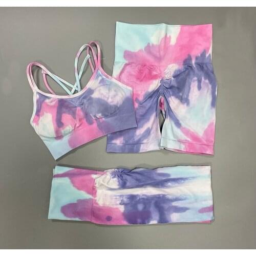 Seamless yoga sets women gym clothing Peach honey hip pants tie-dye + Crop Top Bra Sportswear suit Workout Clothes