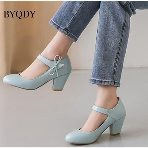 BYQDY Women Pumps 7cm High Thick Block Heels Round Toe Mary Janes Footwear Wedding Dress Office Lady Ankle Strap Shoes with Bow