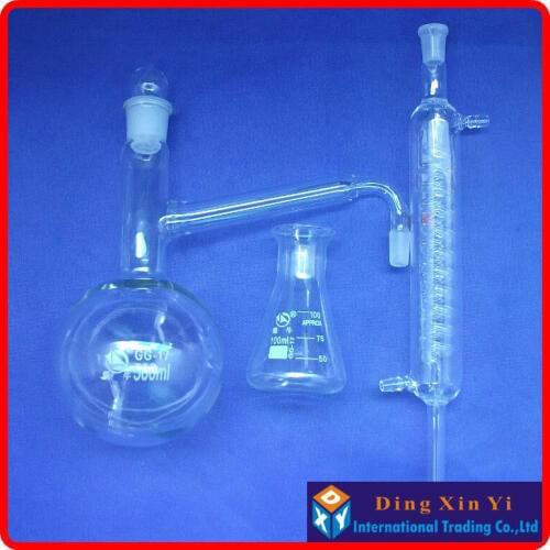 500ml Distiling Apparatus with ground glass joints,Glass distillation unit,distillation flask+graham condenser+conical flask