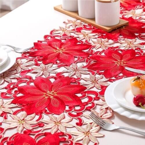 Double Thickness Rustic Embroidered Floral Table Runners Christmas Decorations H58C