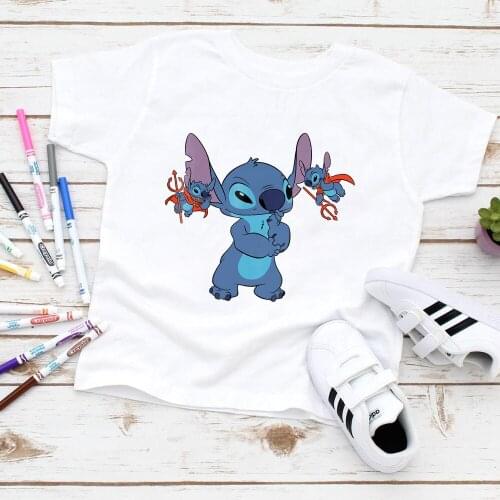 3D Cartoon Harajuku Disney Lilo and Stitch All Bad Kids T-shirt Summer New Fashion Casual Boys Girls T-shirts Tops Baby Clothes