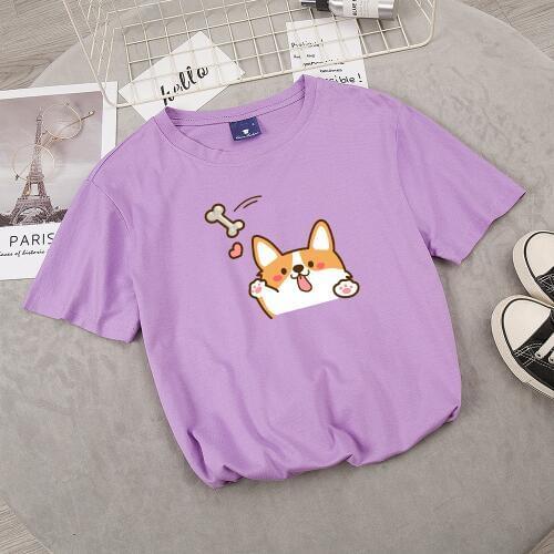 Womens Tshirt Harajuku Kawaii Corgi Dog Print Japanese T-shirt White Casual Top T Shirts Graphic Summer Purple Cotton Ladies Tee
