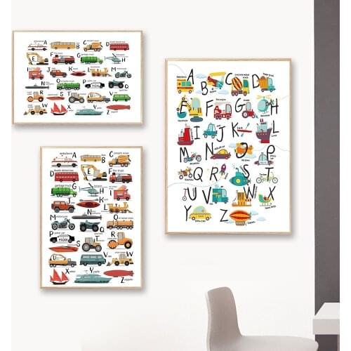 Colourful Transportation Alphabet ABC Poster Cartoon Car Nursery Wall Art Canvas Painting Nordic Baby Kids Room Decor Pictures