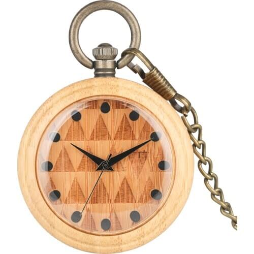 Creative Triangle Design Dial Wooden Pocket Watches Bamboo Quartz Pocket Watch Pendant Chain Gifts For Boys Girls