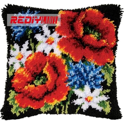 LADIY Latch Hook Cushion Kit Yarn for Embroidery Cushion Cover Poppy & Daisy Pillow Case Sofa Cushion Decorative Pillow BZ436