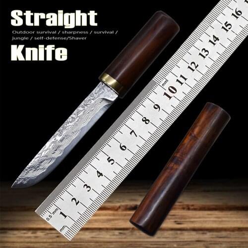 Damascus Steel Blade Outdoor Sharp Small Straight Knife Pocket Hunting Fruit Knife Mini EDC Hand Tool Camp Hiking Fixed Knife