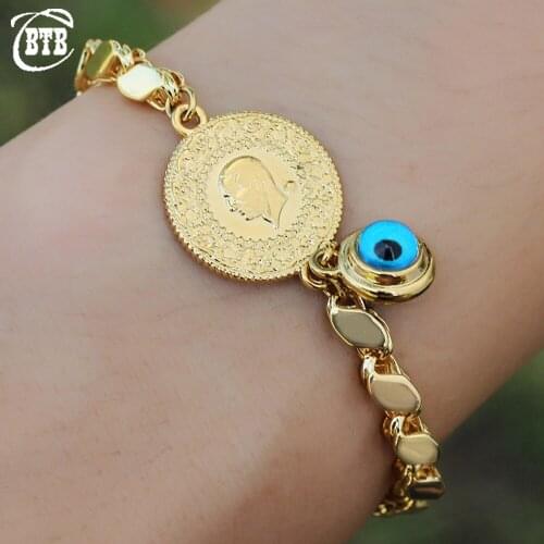 4mm Fashion Demon Lucky Eye Islamic Muslim Women Charm Allah Bracelet Luxury Jewelry Turkish Gold Coin Wedding Gift Wholesale