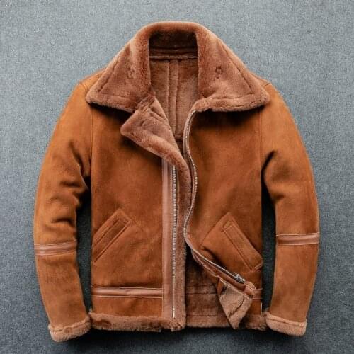Mens Sheep Shearling Lambskin Warm Jacket Original Male Fur Double Faced Fur Genuine Leather Jacket Brown