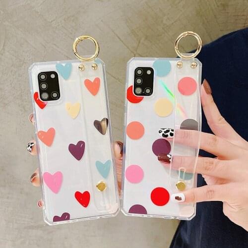 Colorful Polka Dot Love Heart Wrist Strap Soft Case For Samsung A10 A50 A52 A72 A12 A21S A51 A71 A70 S20 S21 Plus Ultra S20FE