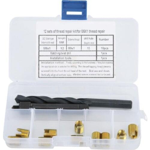 12Pcs M6x1 Thread Repair Kit Self Tapping Thread Insert Drill Bit Installation Tool