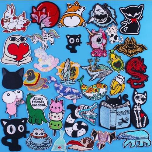 Anime Animal Patches On Clothes Cartoon Unicorn Cat Whale Dinosaur Pacthes Embroidered Patch For Clothes Stripes Ironing Sticker