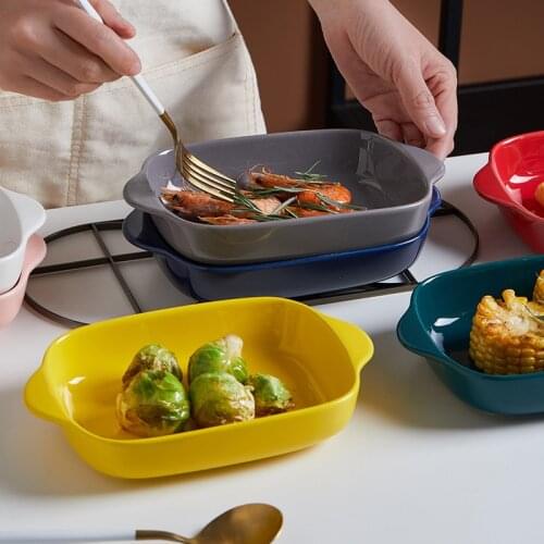 Nordic Creative Home Kitchen Ceramic Baking Tray Deep Rectangular Cheese Rice Plate Double-eared Baking Bowl Microwave Oven