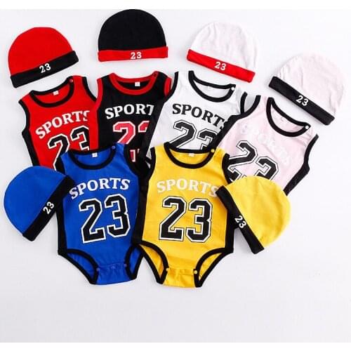 2021 New Summer Unisex Baby Clothes Active Sleeveless Romper with Hat Set Multi-color Sports Costume Body Suits Boys Outfits