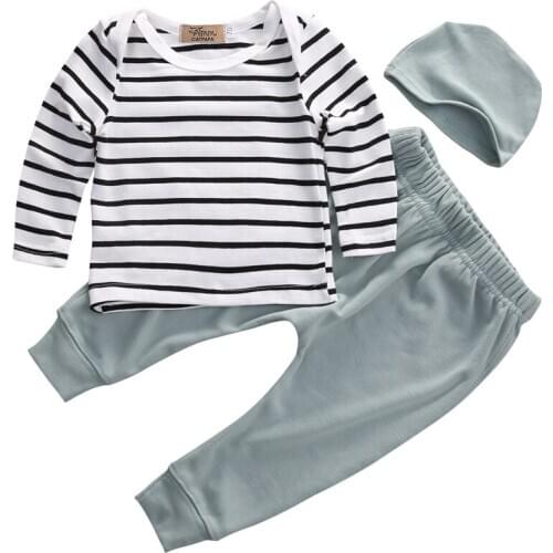New Casual Newborn Baby Boy Girl Long Sleeve Striped O-Neck Tops +Long Pants Hat 3PCS Outfits Set Clothes