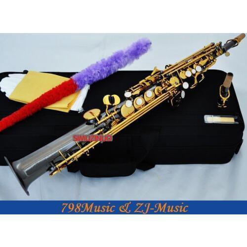New Black Nickel Gold Straight Bb Soprano Saxophone Sax High F# G With Case-2 Neckes