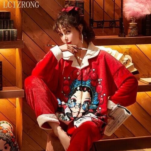 Cartoon New Women Pajamas Set Warm Sleepwear Chinese Style Female Spring Long Sleeve Pijamas Suit Girl Print Sleep Homewear