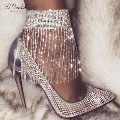 PEORCHID Bride Rhinestone Tassel Anklet Summer Women Boho Crystal Wedding Anklet Bracelet Sandals Beach Foot Jewelry 2021