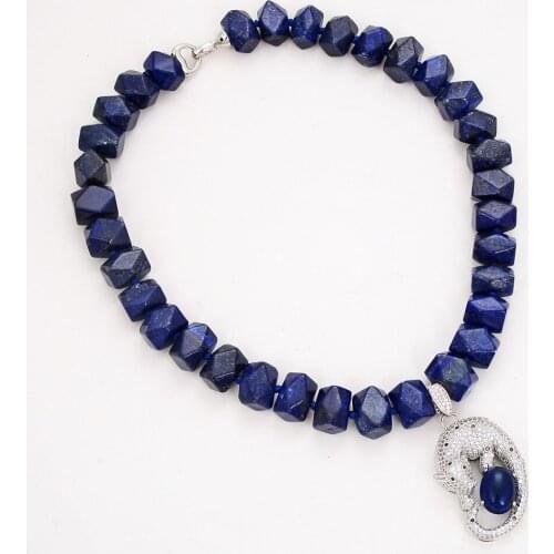 18" Nugget Faceted Blue Lapis Lazuli Necklace CZ Pendant