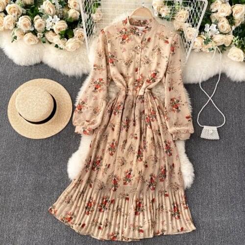 SINGREINY Women French Floral Dress O Neck Long Sleeve Button Ruched Ruffles Dress Autumn Boho Print A-line Streetwear Dresses
