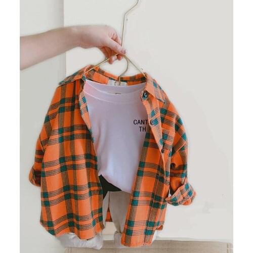 2-10Year Fall Clothes Boys and Girls Plaid Shirts Long Sleeve Cotton Blouse Baby Shirts Kids Clothing Orange Tops Spring Outfits