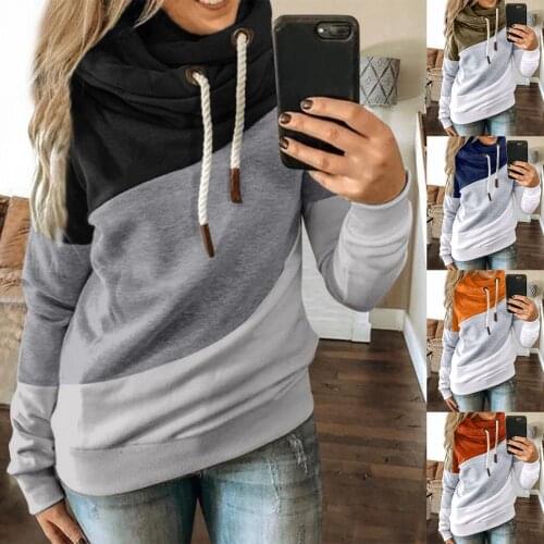 Women Patchwork Hooded Sweatshirts Autumn Winter Sports Stitching Hoodie Cotton Blend Long Sleeve Sweatshirt Pullover Top Female