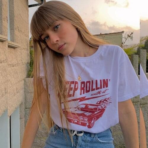 Keep Rolling With it Vintage Female Inspire Shirt Car Printed Cool White Cotton Short Sleeve Tops Loose Round Neck Graphic Tees