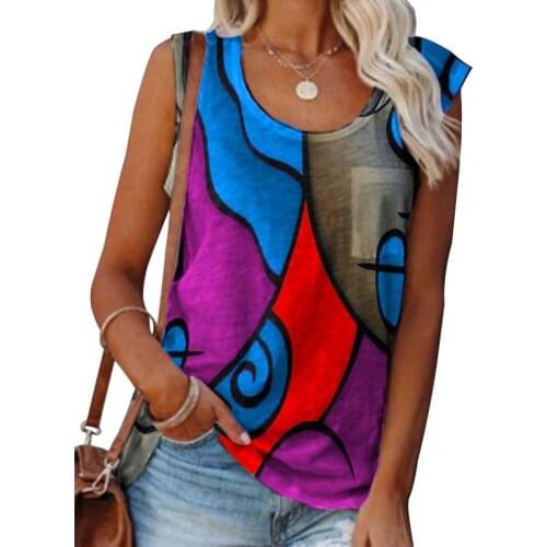 Oversized Vintage Print Patchwork Color T-shirt Women Summer Sleeveless Off Shoulder O-neck Female Casual Plus Size Tank Tops