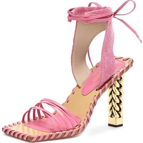 Handmade Pink Square Toe Womens Summer Sandals Party Wedding Thin Belt Women Sandals Design Cross Tied High Heel Sandals 2021