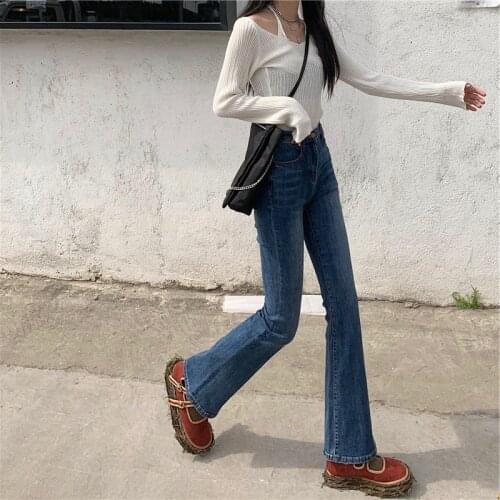 Spring Autumn Korean Style High Waist Micro Flare Jeans For Women Streetwear Casual Slim Long Denim Pants Blue Jeans