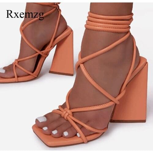 Rxemzg Women Summer Gladiator Roma Sandals Square Toe High Heels 11CM Fashion Ankle Strap Cross Lace-up Sandals Ladies Shoes