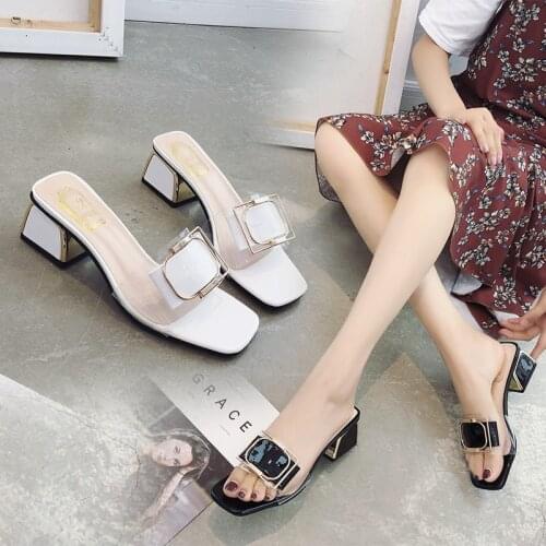 Famous brand gold buckle slipper women thick heel transparent sandals leather bow flip flops summer clear beach shoes woman 204