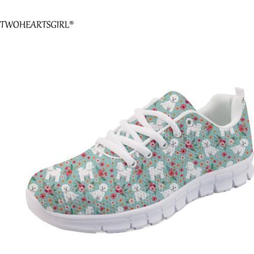 Twoheartsgirl Cute Bichon Frise Flats Personalized Flower Style Sneakers for Women Comfortable Ladies Mesh Walking Shoes Femme