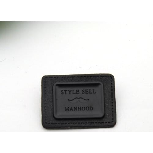 20pcs/lot black PU leather sew on Badges labels with matt black metal plates manhood clothing label for jeans/jacket PLB-003