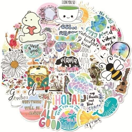 50PCS Art English Cute Butterfly Bee Bear Stickers Decal For DIY Laptop Motorcycle Car Helmet Guitar Waterproof Sticker