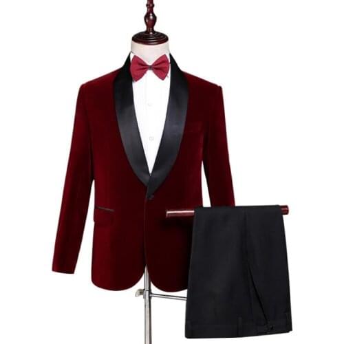 Blazer men groom suit set with pants mens wedding suits costume singer star style dance stage clothing formal dress wine red