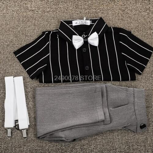Kids Strap Shirt Pants Bowtie 4Pcs Dress Flower Boys Formal Wedding Suit Gentleman Prince Girls Piano Performance Costume