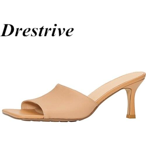 Drestrive Women Slippers Full Genuine Leather Square Toe 2021 Summer Thin High Heel Shoes Big Size 43 Sandals Cow Leather