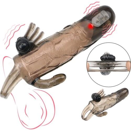 Double Vibrator Condoms for Men Reusable Condom Penis Sleeve Dick Extender Cock Enlargement Orgasm Sex Toys for Man Intimate