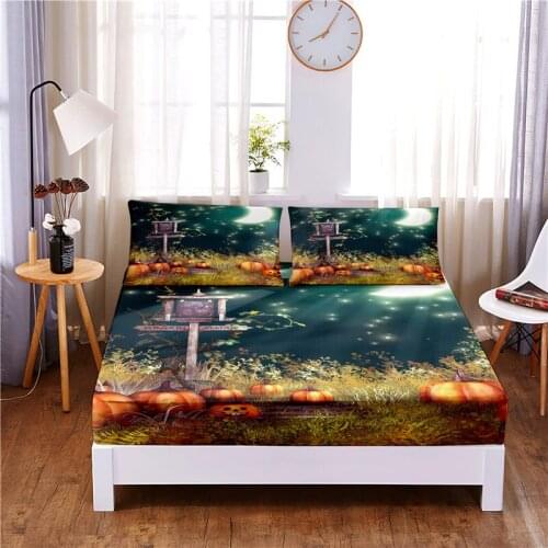 Halloween 3pc Polyester Solid Fitted Sheet Mattress Cover Four Corners With Elastic Band Bed Sheet(2 pillowcases)