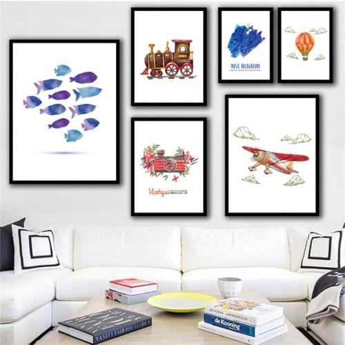 Cartoon Scenery Fish Flower Abstraction Graffiti Musical Note Guitar Canvas Painting Wall Picture Poster Living Room Decoration