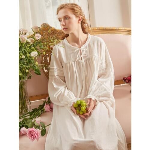 Vintage Royal Cotton and Viscose Womens Long Nightgowns White /Pink Solid Color Loose Sleepshirts Elegant Nighty Plus Size