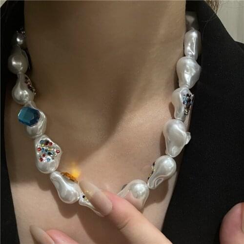 Baroque natural profiled large pearl clavicle chain Bohemian handmade colored rhinestone necklace choker wedding banquet jewelry