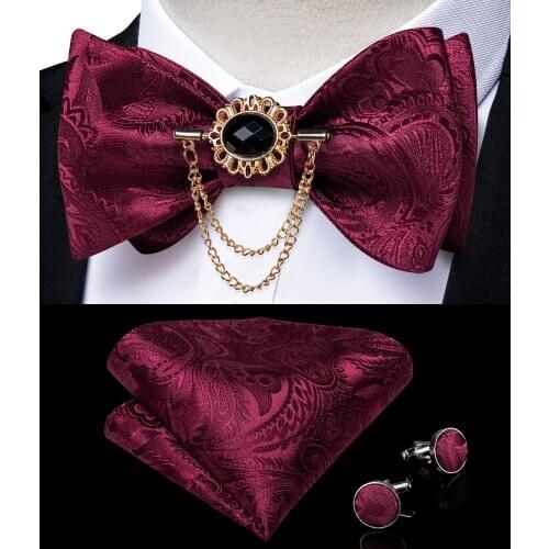 Luxury Rose Red Paisley Floral Mens Bow Tie Self Tie Silk Woven Wedding Party Men Butterfly Tie Hanky Brooch Pin Set DiBanGu