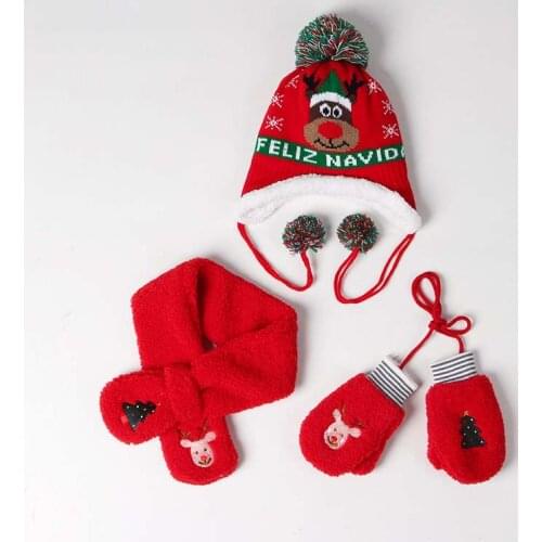 Christmas Hat For Kids 2021 Autumn Winter 3 Pcs Sweater Knitted Beanie Children Hat And Scarf Gloves Set New Year Boys Girls Cat