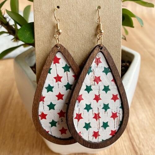 Christmas PU Leather Wooden Frame Dangle Drop Earrings for Women Stripe Star Print Wood Jewelry Original New Design Hot Selling