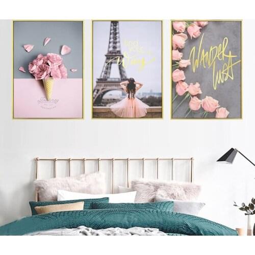 Pink Girl Heart Style Bouquet Iron Tower Flower Canvas Painting Abstract Print Posters Picture Wall Art Nordic Room Decoration