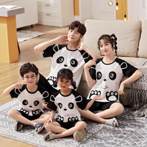 Family Matching Pajamas Set Fathers Day Clothes Pure Cotton T-shirt Cartoon Panda Print Short Sleeve Homewear Mom Dad Gift