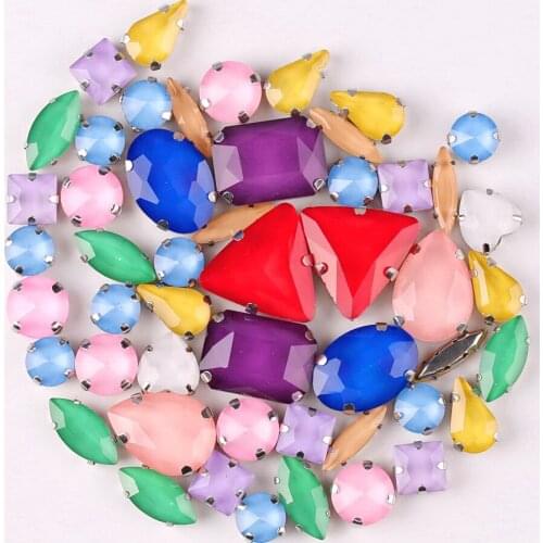Silver claw settings 50pcs/bag shapes mix jelly candy colors glass crystal sew on rhinestone for wedding dress shoes bags diy