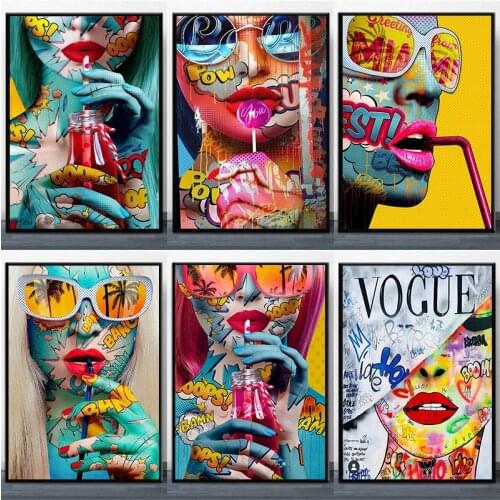 Modern Graffiti Wall Art Abstract Color Woman Canvas Painting Poster Bedroom Living Room Wall Decoration Mural(No Frame)